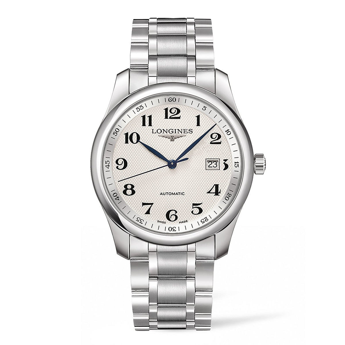 Longines The Master Collection in a 40mm stainless steel case with silver "barleycorn" dial on stainless steel bracelet, featuring a date display and automatic movement with up to 72 hours power reserve.