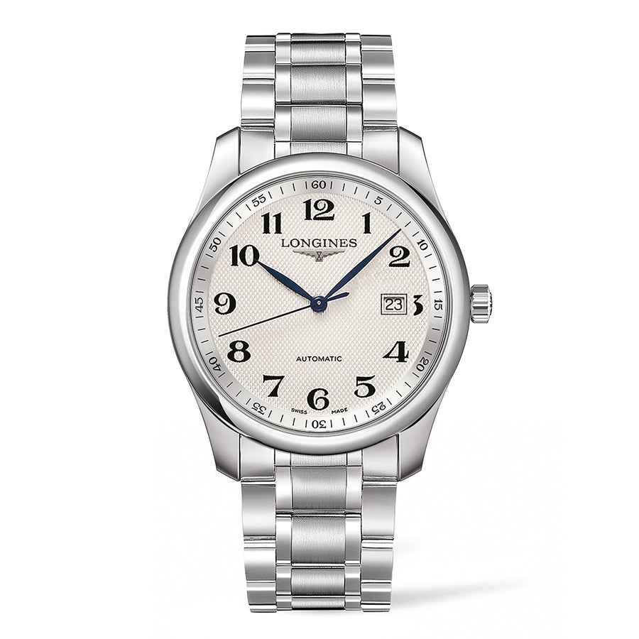 Longines The Master Collection in a 40mm stainless steel case with silver "barleycorn" dial on stainless steel bracelet, featuring a date display and automatic movement with up to 72 hours power reserve.