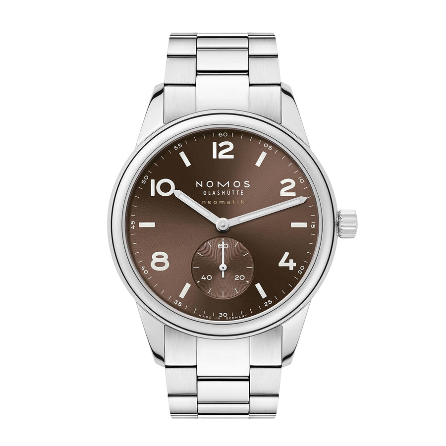 Nomos Club Sport Neomatik 39 Taback in 39mm stainless steel case with dark brown dial featuring a small seconds and automatic movement with 43 hours of power reserve.