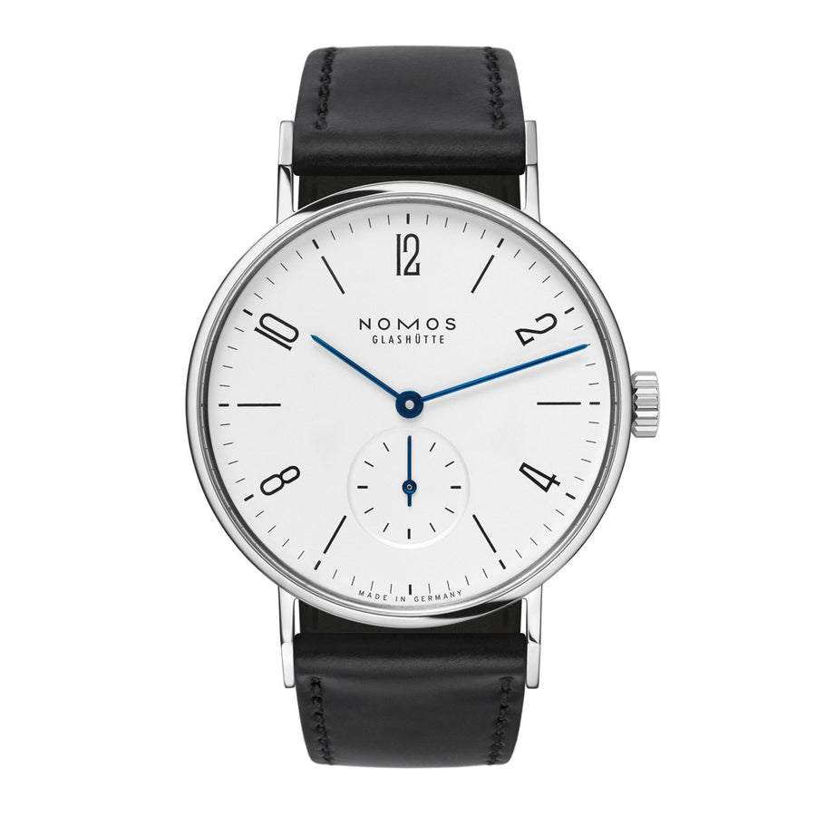 NOMOS Glashütte Tangente - NOMOS Glashütte Tangente in a 35mm stainless steel case with white dial on leather strap, featuring a small seconds display and a hand-wound mechanical movement with up to 43 hours of power reserve.