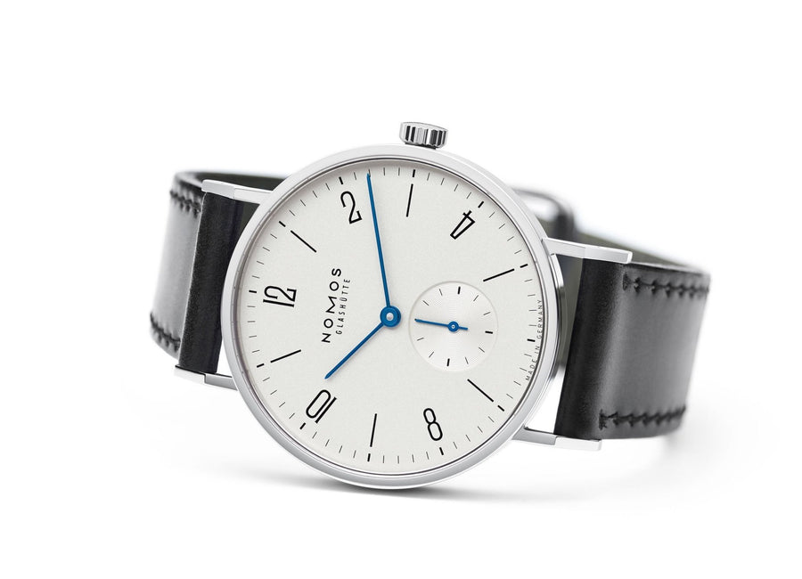 NOMOS Glashütte Tangente -NOMOS Glashütte Tangente in a 35mm stainless steel case with white dial on leather strap, featuring a small seconds display and a hand-wound mechanical movement with up to 43 hours of power reserve.