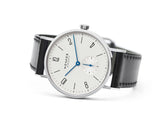 NOMOS Glashütte Tangente-NOMOS Glashütte Tangente -NOMOS Glashütte Tangente in a 35mm stainless steel case with white dial on leather strap, featuring a small seconds display and a hand-wound mechanical movement with up to 43 hours of power reserve.
