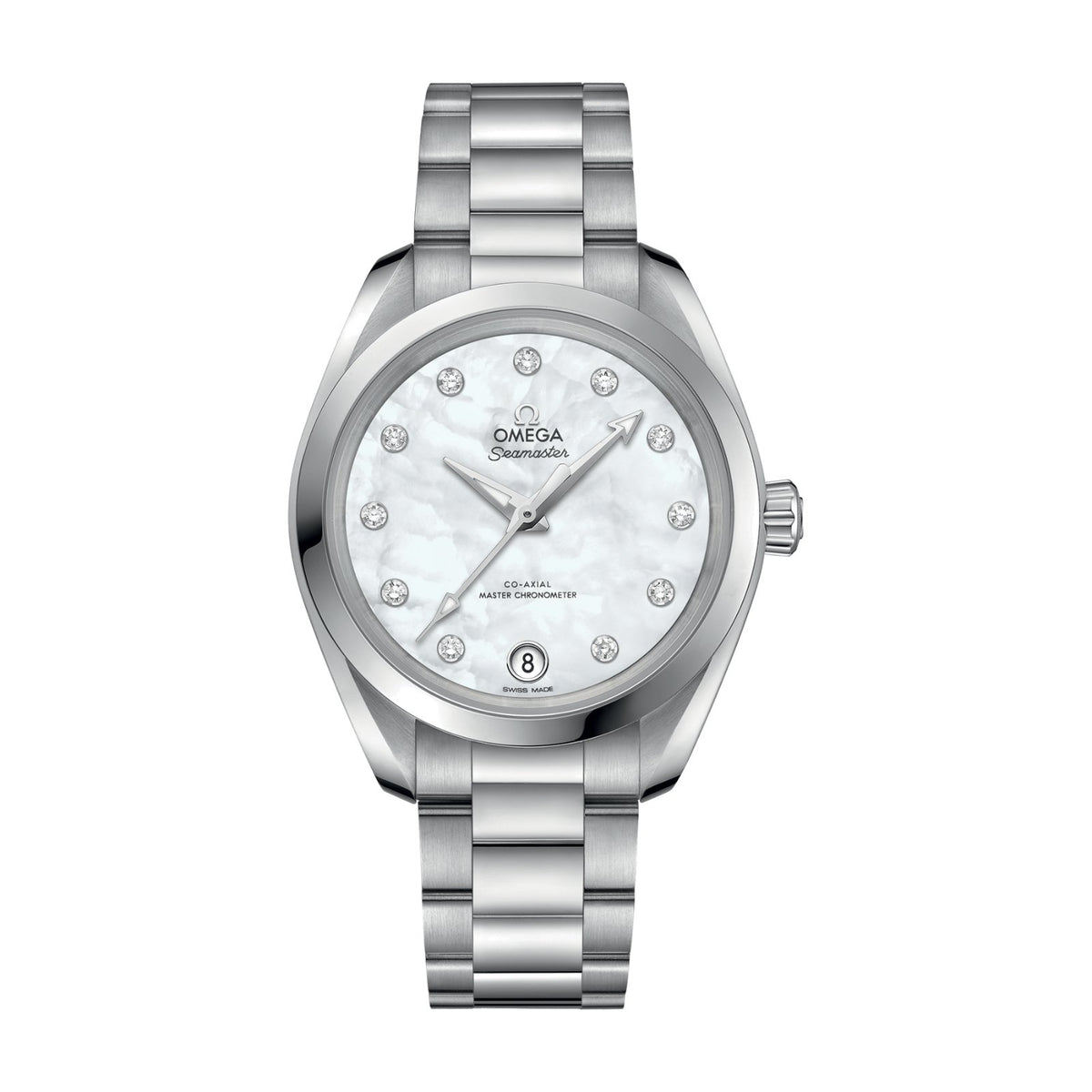 Omega Aqua Terra 150M Co‑Axial Master Chronometer in a 34mm stainless steel case with mother-of-pearl dial on stainless steel bracelet, featuring a date display and automatic movement.
