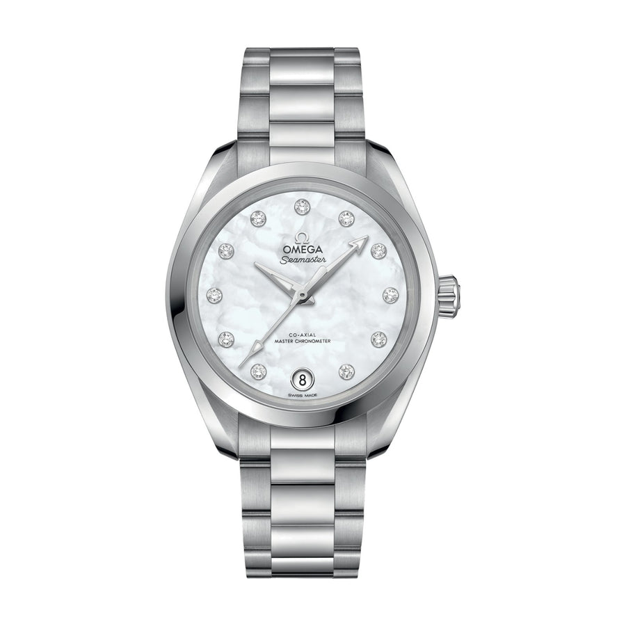 Omega Aqua Terra 150M Co‑Axial Master Chronometer in a 34mm stainless steel case with mother-of-pearl dial on stainless steel bracelet, featuring a date display and automatic movement.