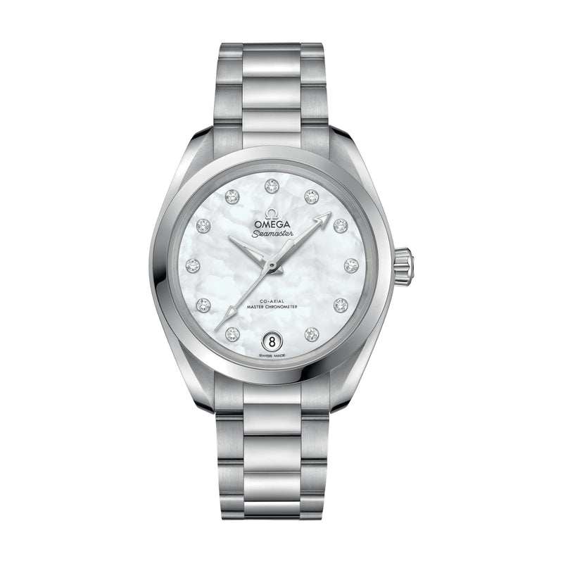 Omega Seamaster Aqua Terra 150m 34mm-Omega Aqua Terra 150M Co‑Axial Master Chronometer in a 34mm stainless steel case with mother-of-pearl dial on stainless steel bracelet, featuring a date display and automatic movement.