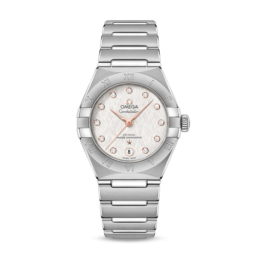 Omega Constellation Co-axial Master Chronometer 29mm - 131.10.29.20.52.001 - Omega Constellation Co-Axial Master Chronometer in a 29mm stainless steel case with silver silk-like pattern dial on stainless steel bracelet, featuring a date display and automatic movement.