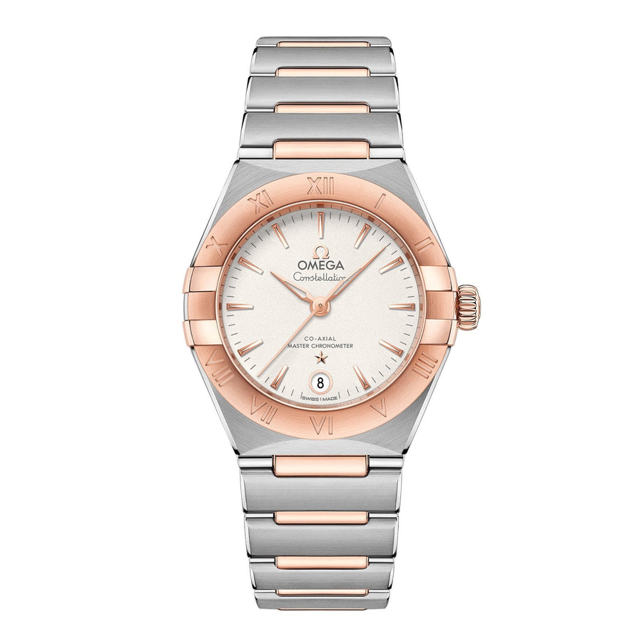 Omega Constellation Co-Axial Master Chronometer in a 29mm stainless steel/Sedna gold case with silver dial on stainless steel/Sedna gold bracelet, featuring a date display and automatic movement with 50 hours power reserve.
