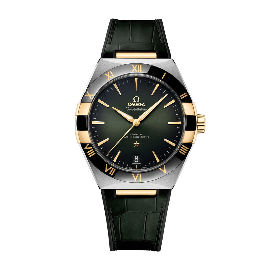 Omega Constellation Co-axial Master Chronometer 41mm in stainless steel and 18 karat yellow gold case with green dial on leather strap, featuring a date display and automatic movement.