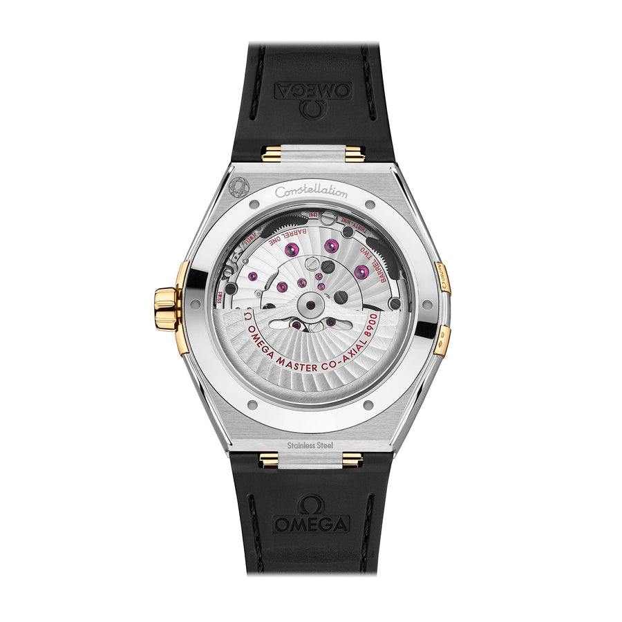 Omega Constellation Co-axial Master Chronometer 41mm in stainless steel and 18 karat yellow gold case with green dial on leather strap, featuring a date display and automatic movement.