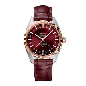 Omega Constellation Globemaster 41mm - Annual Calendar-Omega Constellation Globemaster Co-axial Master Chronometer Annual Calendar 41mm - 130.23.41.22.11.001 - Omega Constellation Globemaster Co-axial Master Chronometer Annual Calendar in a 41mm Sedna gold/stainless steel case with red dial on leather strap, featuring an annual calendar and automatic movement.