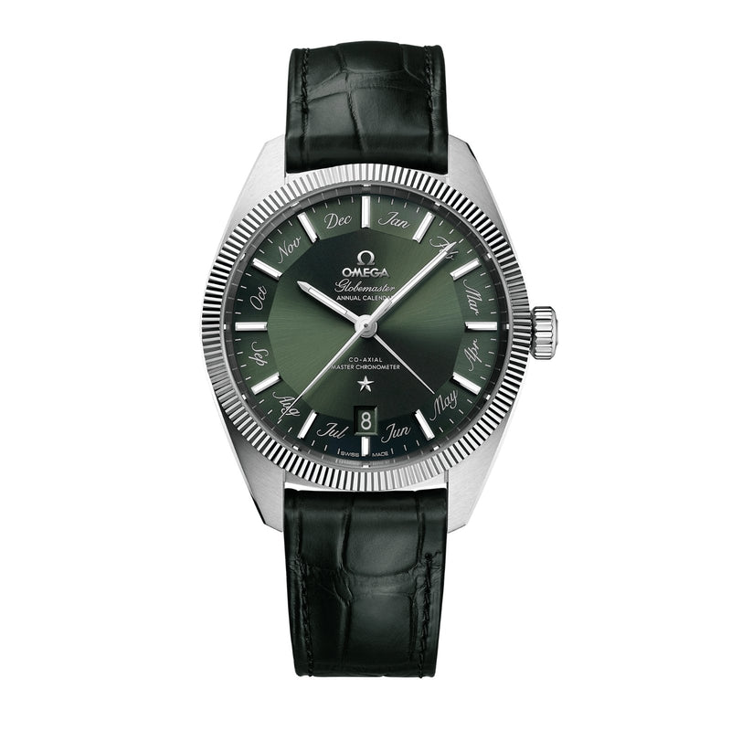 Omega Constellation Globemaster 41mm - Annual Calendar-Omega Constellation Globemaster Co-axial Master Chronometer Annual Calendar 41mm - 130.33.41.22.10.001 - Omega Constellation Globemaster Co-axial Master Chronometer Annual Calendar in a 41mm stainless steel case with green dial on leather strap, featuring an annual calendar display and automatic movement.