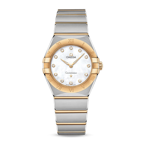 Omega Constellation Quartz 28mm-Omega Constellation Quartz in a 28mm stainless steel/yellow gold case with mother-of-pearl dial on stainless steel/yellow gold bracelet and quartz movement.