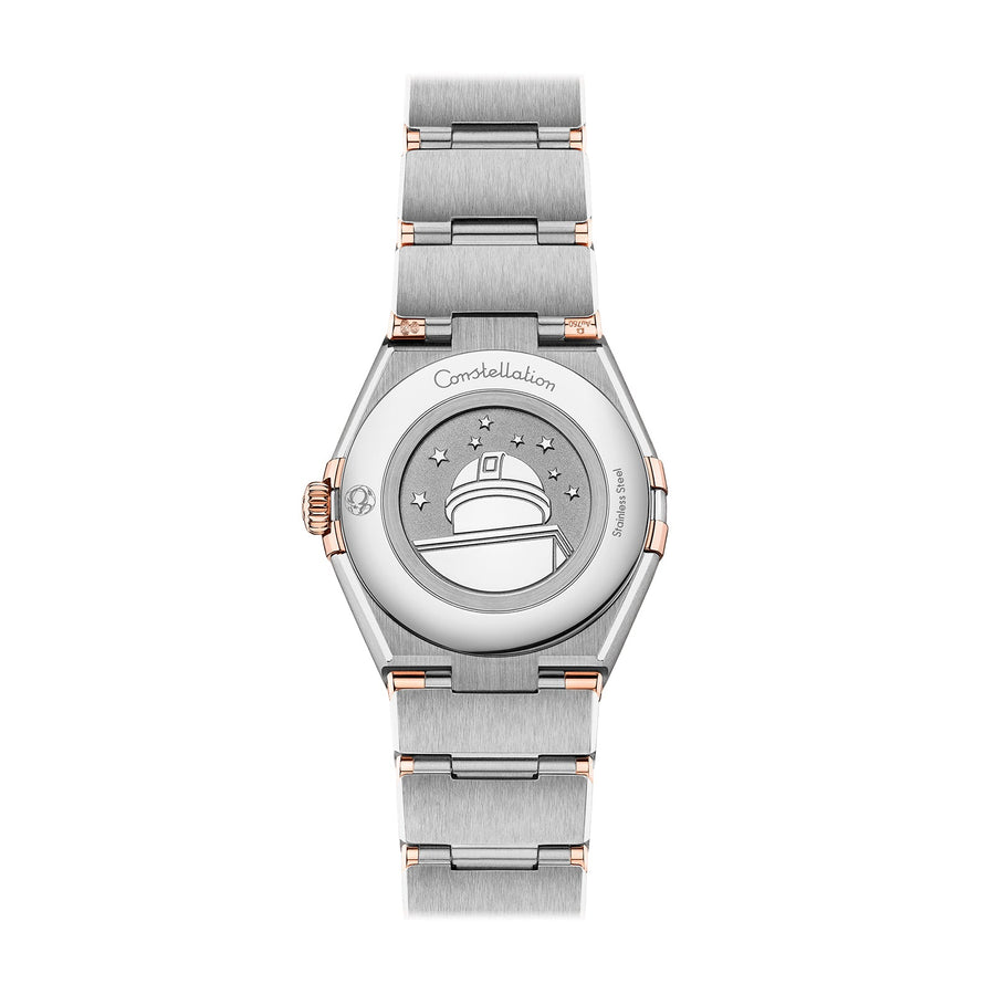 Omega Constellation Quartz 28mm - 131.25.28.60.55.001 - Omega Constellation Quartz in a 28mm stainless steel/Sedna gold diamond bezel case with white mother-of-pearl dial, featuring diamond markers and quartz movement.
