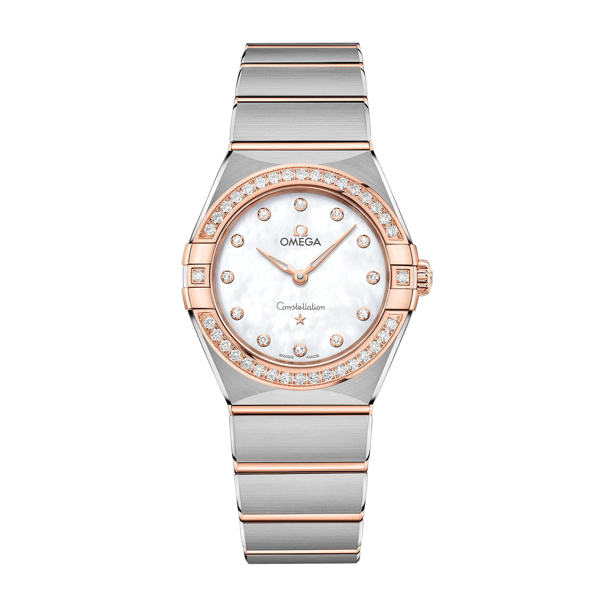 Omega Constellation Quartz 28mm - 131.25.28.60.55.001 - Omega Constellation Quartz in a 28mm stainless steel/Sedna gold diamond bezel case with white mother-of-pearl dial, featuring diamond markers and quartz movement.