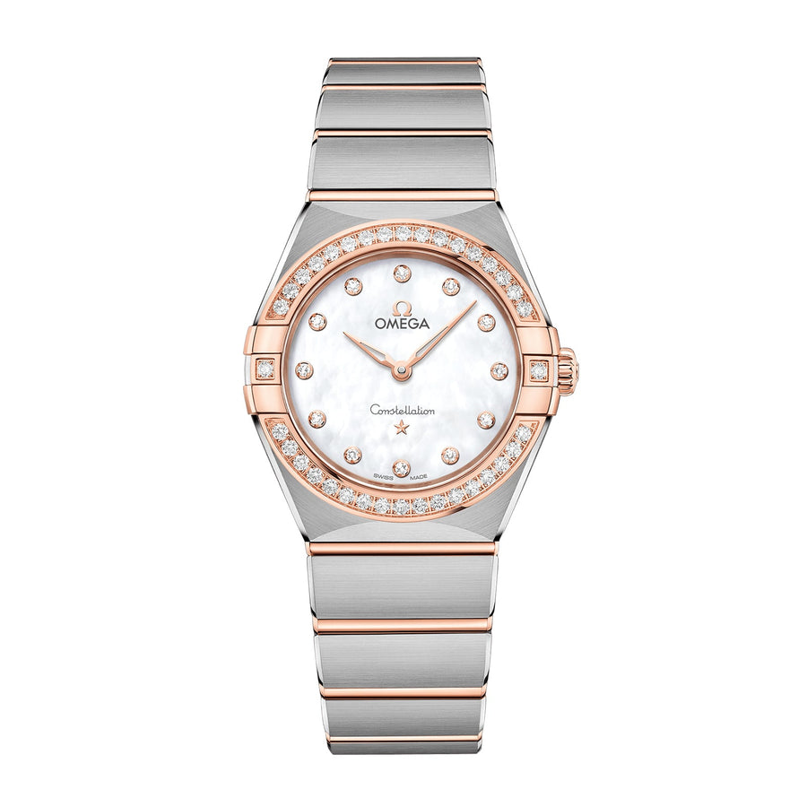 Omega Constellation Quartz 28mm - 131.25.28.60.55.001 - Omega Constellation Quartz in a 28mm stainless steel/Sedna gold diamond bezel case with white mother-of-pearl dial, featuring diamond markers and quartz movement.