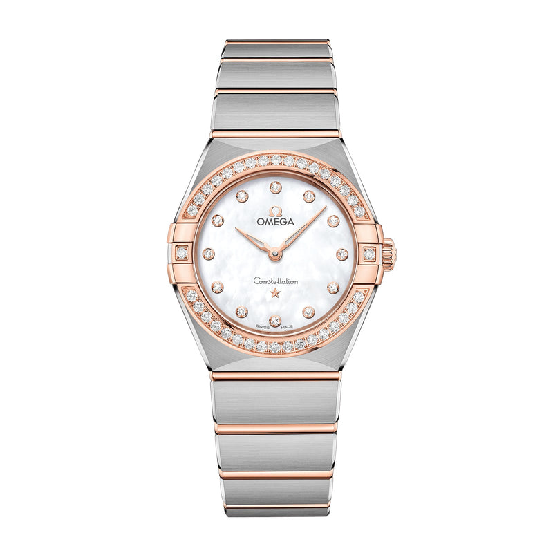 Omega Constellation 28mm-Omega Constellation Quartz 28mm - 131.25.28.60.55.001 - Omega Constellation Quartz in a 28mm stainless steel/Sedna gold diamond bezel case with white mother-of-pearl dial, featuring diamond markers and quartz movement.