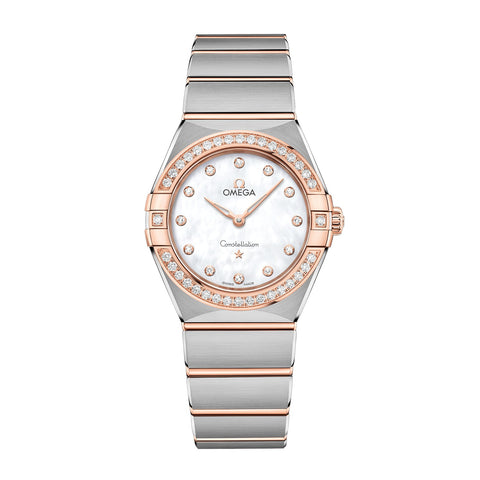 Omega Constellation Quartz 28mm-Omega Constellation Quartz 28mm - 131.25.28.60.55.001 - Omega Constellation Quartz in a 28mm stainless steel/Sedna gold diamond bezel case with white mother-of-pearl dial, featuring diamond markers and quartz movement.