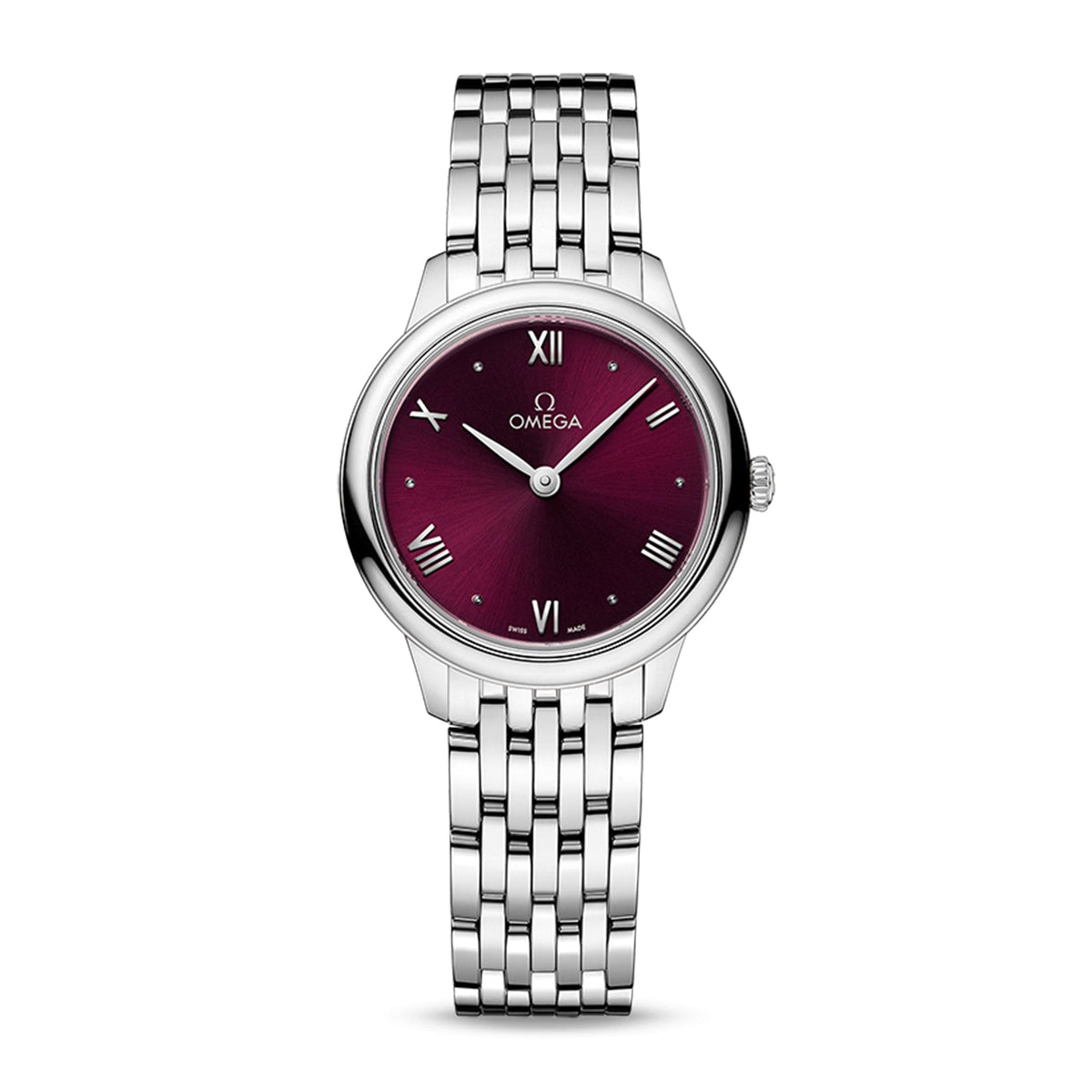 Omega De Ville Prestige Quartz 27.5mm in stainless steel with purplish burgundy dial on stainless steel bracelet with a quartz movement.