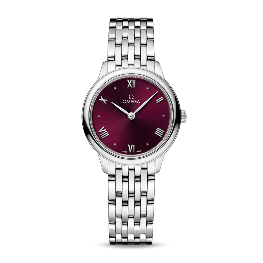 Omega De Ville Prestige Quartz 27.5mm in stainless steel with purplish burgundy dial on stainless steel bracelet with a quartz movement.