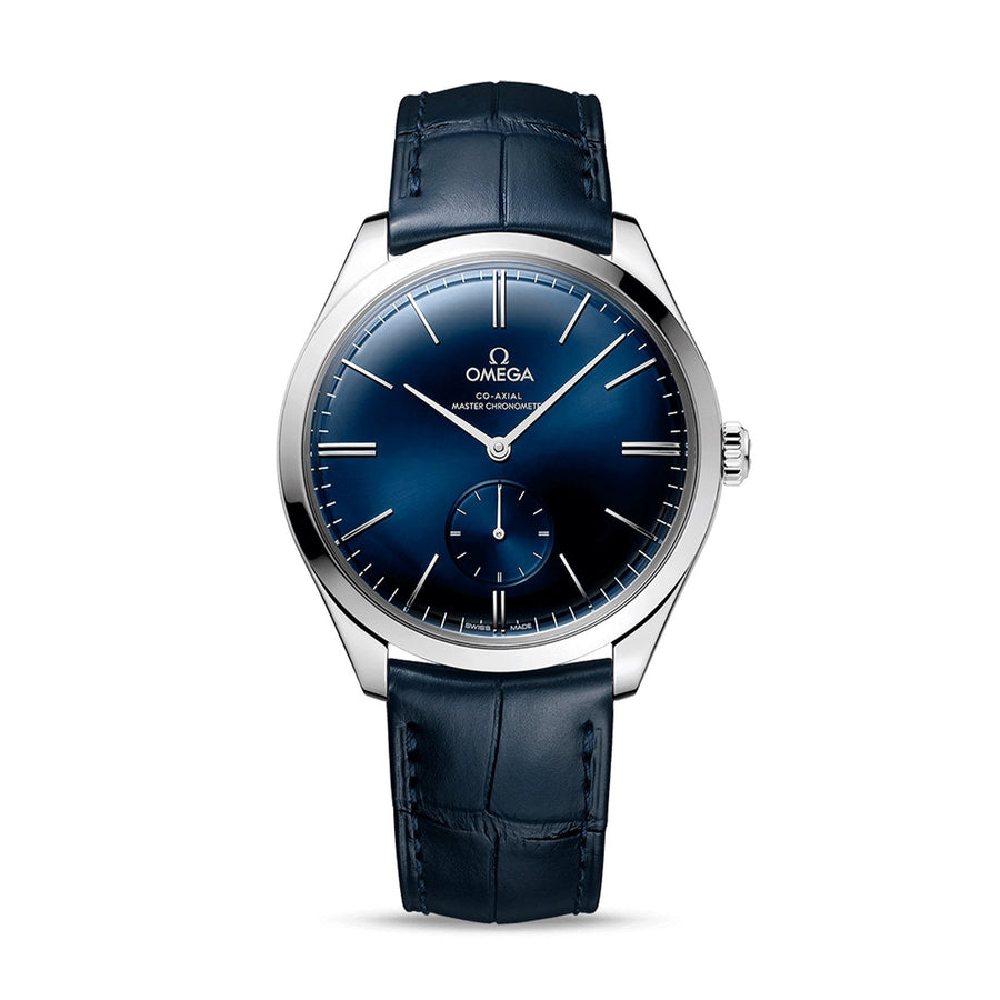 Omega De Ville Trésor Co-Axial Master Chronometer Small Seconds in a 40mm stainless steel case with blue dial on leather strap, featuring a small seconds display and mechanical hand-wound movement.