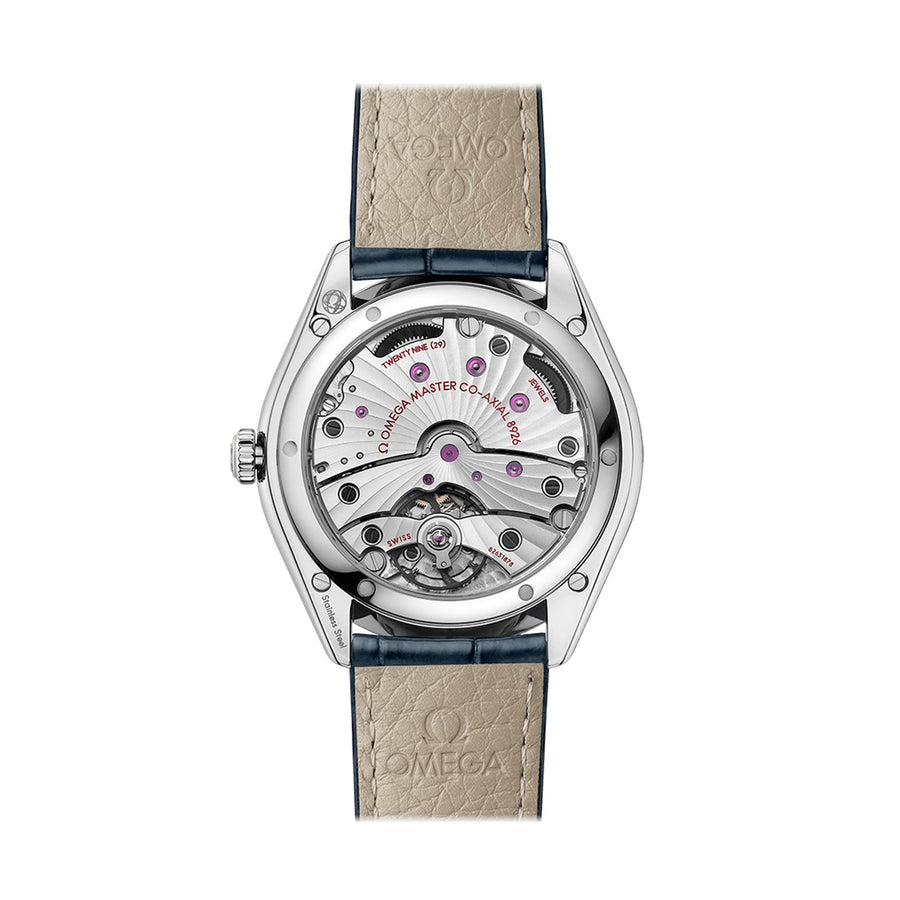 Omega De Ville Trésor Co-Axial Master Chronometer Small Seconds in a 40mm stainless steel case with blue dial on leather strap, featuring a small seconds display and mechanical hand-wound movement.