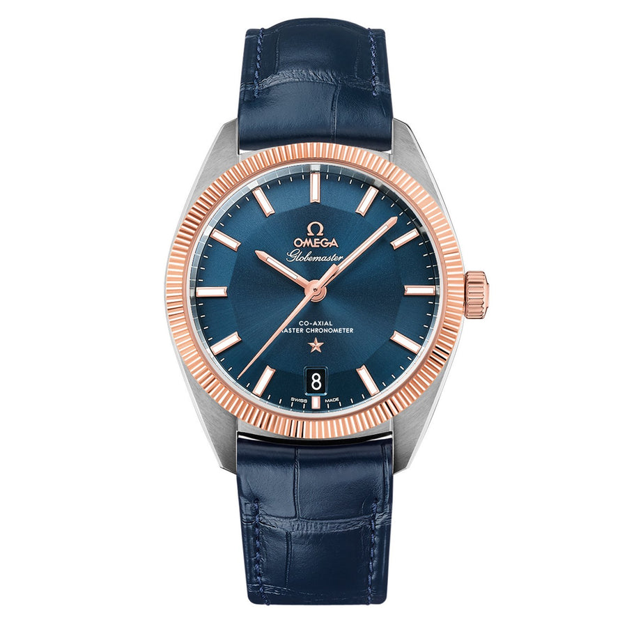 Omega Globemaster Omega Co-Axial Master Chronometer in a 39mm stainless steel/Sedna gold case with blue dial on leather strap, featuring a date display and automatic movement.