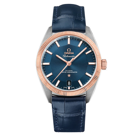 Omega Constellation Globemaster Omega Co-Axial Master Chronometer 39mm-Omega Globemaster Omega Co-Axial Master Chronometer in a 39mm stainless steel/Sedna gold case with blue dial on leather strap, featuring a date display and automatic movement.
