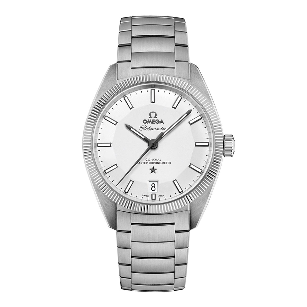 Omega Constellation Globemaster Omega Co-Axial Master Chronometer in a 39mm stainless steel case with silver dial on stainless steel bracelet, featuring a date display and automatic movement.