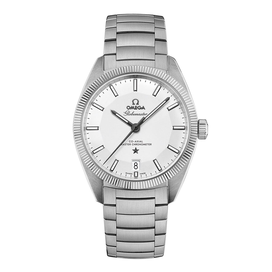 Omega Constellation Globemaster Omega Co-Axial Master Chronometer in a 39mm stainless steel case with silver dial on stainless steel bracelet, featuring a date display and automatic movement.