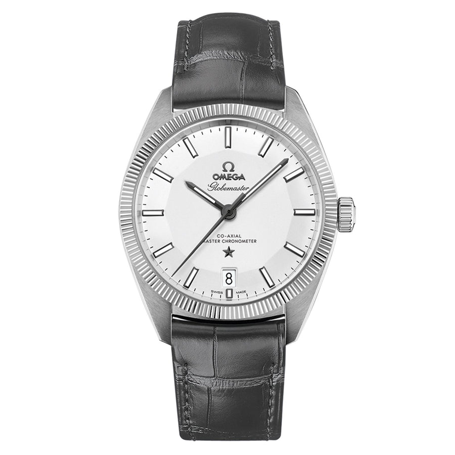 Omega Globemaster Omega Co-Axial Master Chronometer in a 39mm stainless steel case with silver dial on leather strap, featuring a date display and automatic movement.