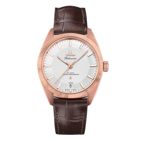 Omega Constellation Globemaster 39mm-Omega Globemaster Omega Co-Axial Master Chronometer in a 39mm Sedna gold case with silver opaline dial on leather strap, featuring a date display and automatic movement with 60 hours power reserve.