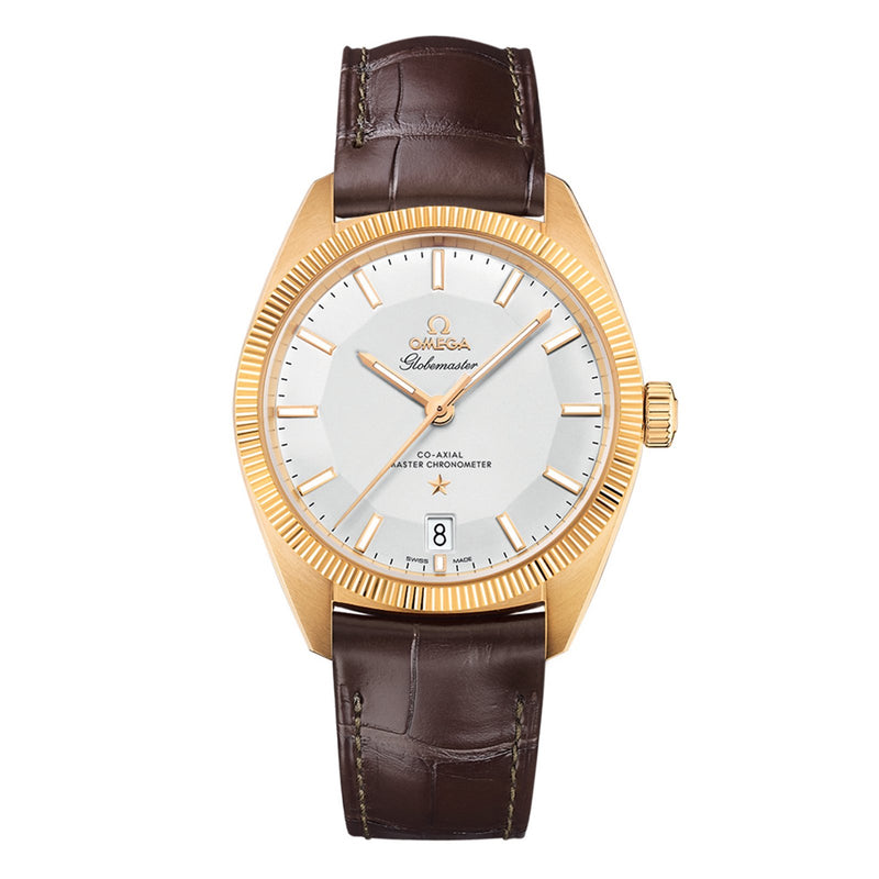 Omega Constellation Globemaster 39mm-Omega Globemaster Omega Co-Axial Master Chronometer in a 39mm yellow gold case with silver opaline dial on leather strap, featuring date display and automatic movement with 60 hours power reserve.