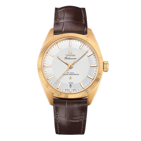 Omega Constellation Globemaster 39mm-Omega Globemaster Omega Co-Axial Master Chronometer in a 39mm yellow gold case with silver opaline dial on leather strap, featuring date display and automatic movement with 60 hours power reserve.