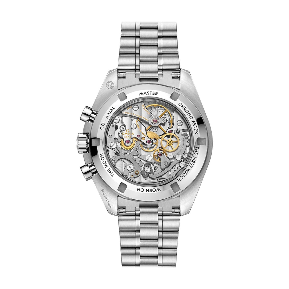 Omega Moonwatch Professional Co-Axial Master Chronometer Chronograph in a 42mm stainless steel case with black dial on stainless steel bracelet, featuring an chronograph function and hand wound mechanical movement.