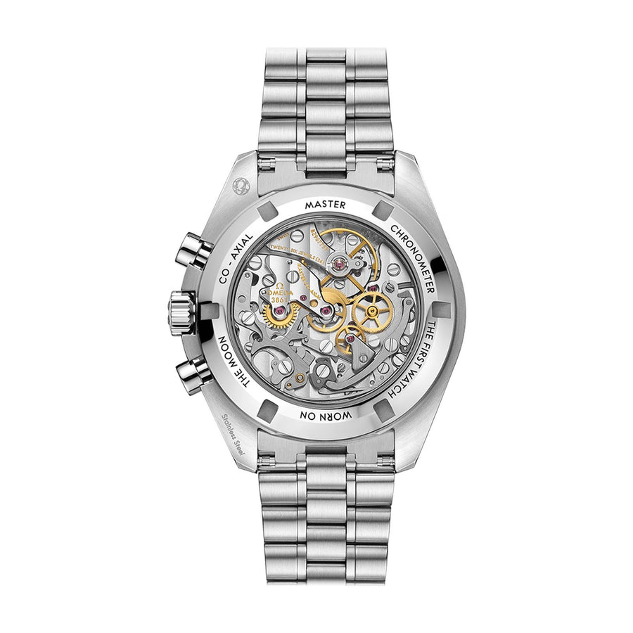 Omega Moonwatch Professional Co-Axial Master Chronometer Chronograph in a 42mm stainless steel case with black dial on stainless steel bracelet, featuring an chronograph function and hand wound mechanical movement.