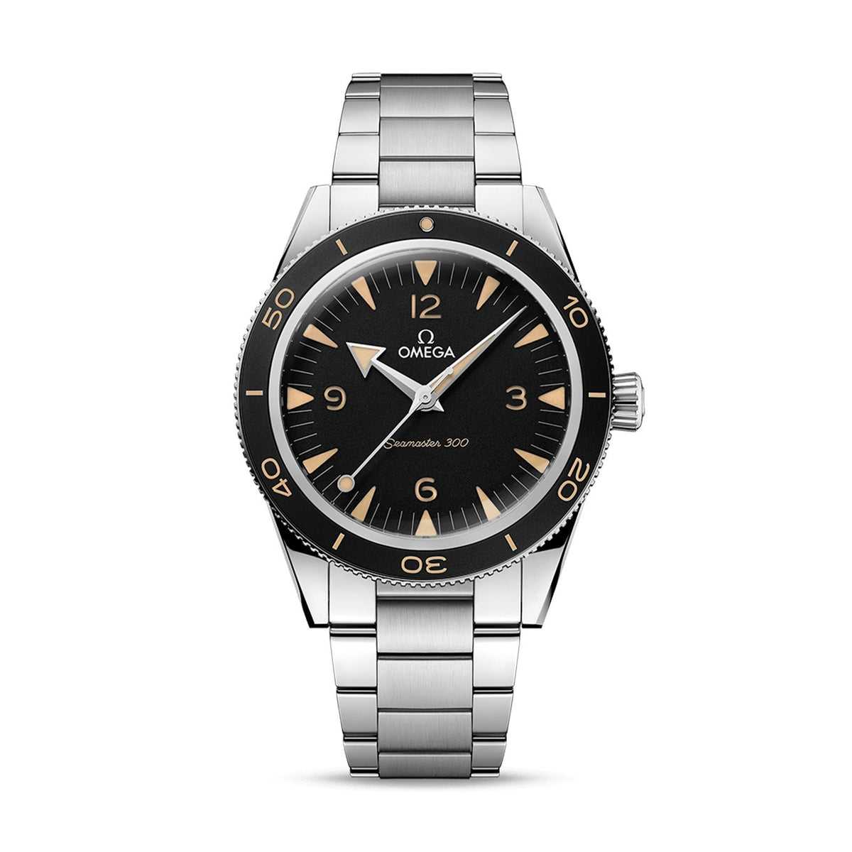 Omega Seamaster 300 Co-axial Master Chronometer in a 41mm stainless steel case with black dial on stainless steel bracelet, featuring an automatic movement.