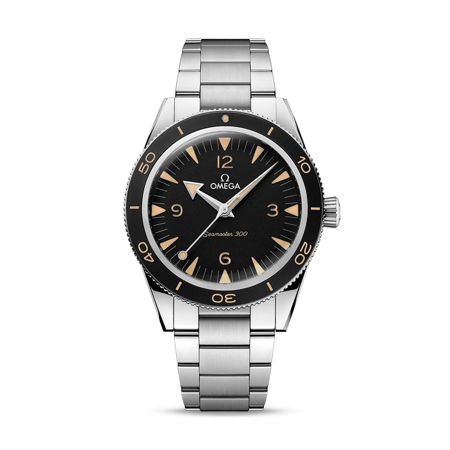 Omega Seamaster 300 Co-axial Master Chronometer in a 41mm stainless steel case with black dial on stainless steel bracelet, featuring an automatic movement.
