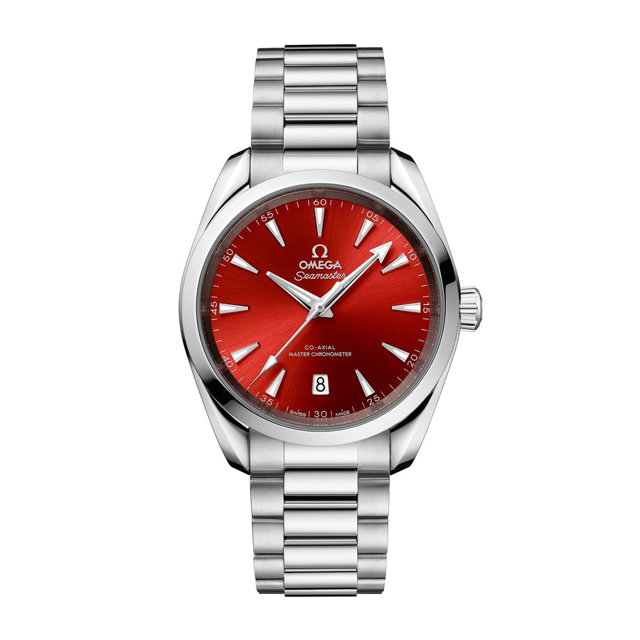 Omega Seamaster Aqua Terra 150m Co-axial Master Chronometer in a 38mm stainless steel case with red dial on stainless steel bracelet, featuring a date display and automatic movement.