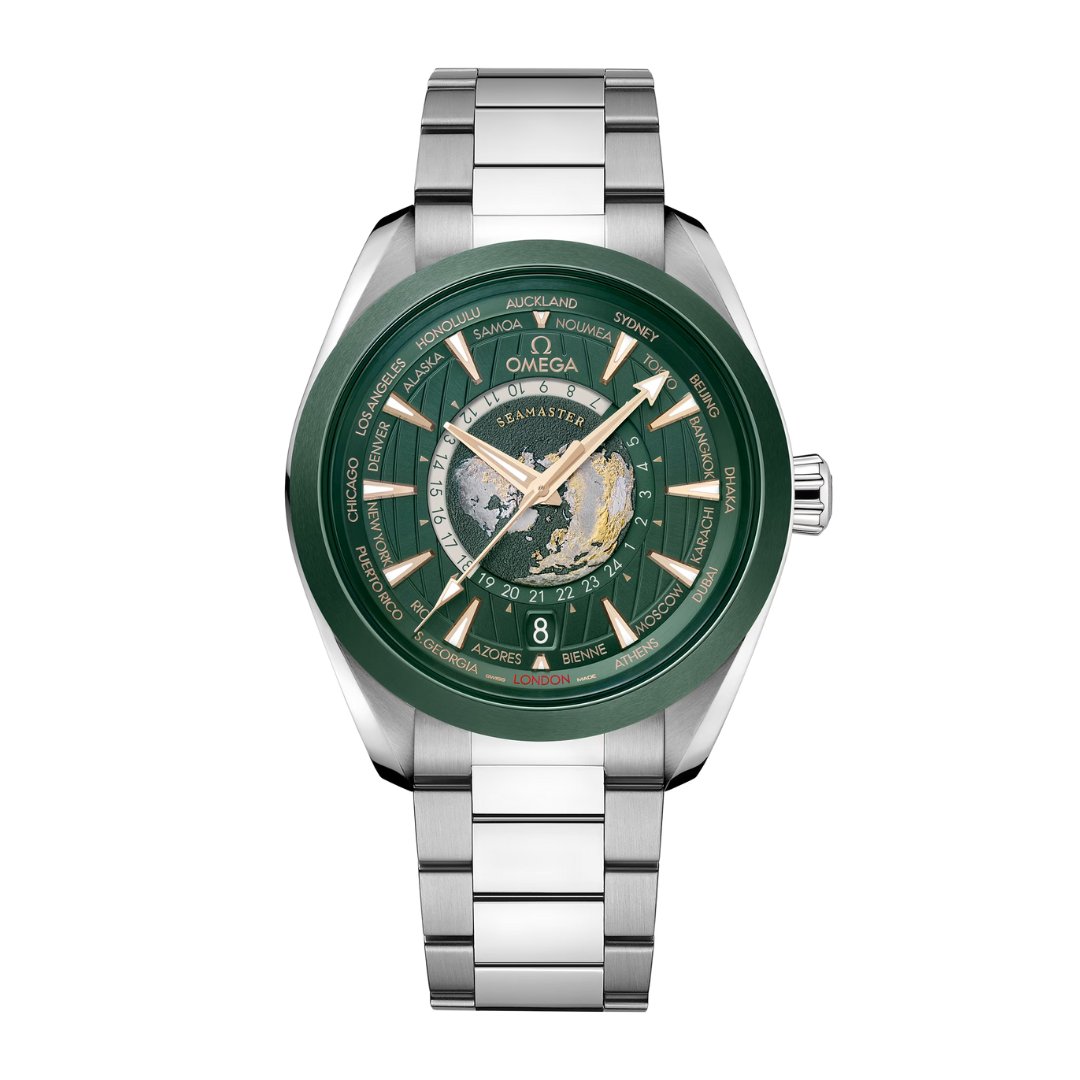 Omega Seamaster Aqua Terra 150m Co-Axial Master Chronometer GMT Worldtimer 43mm - 220.30.43.22.10.001 - Omega Seamaster Aqua Terra 150m in a 43mm stainless steel case with green dial on stainless steel bracelet, featuring a 24-hour world time display, date display and automatic movement.