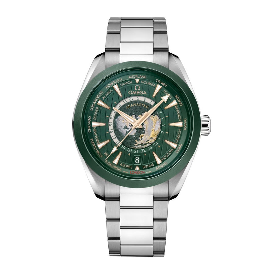 Omega Seamaster Aqua Terra 150m Co-Axial Master Chronometer GMT Worldtimer 43mm - 220.30.43.22.10.001 - Omega Seamaster Aqua Terra 150m in a 43mm stainless steel case with green dial on stainless steel bracelet, featuring a 24-hour world time display, date display and automatic movement.