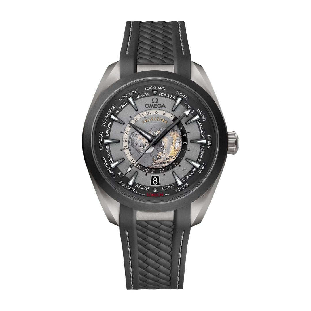Omega Seamaster Aqua Terra 150m Co-Axial Master Chronometer GMT Worldtimer in a 43mm brushed titanium case with grey dial on rubber strap, featuring a world time function, date display and automatic movement.
