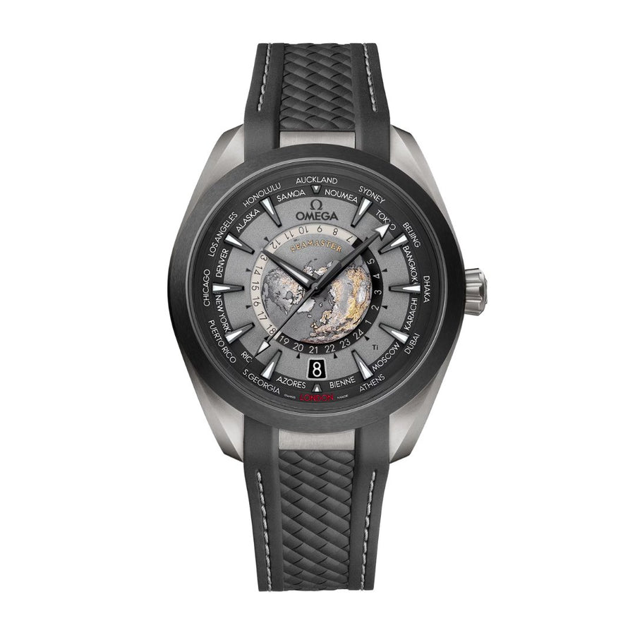 Omega Seamaster Aqua Terra 150m Co-Axial Master Chronometer GMT Worldtimer in a 43mm brushed titanium case with grey dial on rubber strap, featuring a world time function, date display and automatic movement.