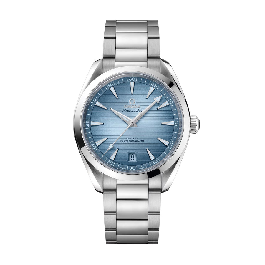 Omega Seamaster 75th Anniversary Aqua Terra 150M Co‑Axial Master Chronometer in a 41mm stainless steel case with "summer" blue dial on stainless steel bracelet, featuring a date display and automatic movement.