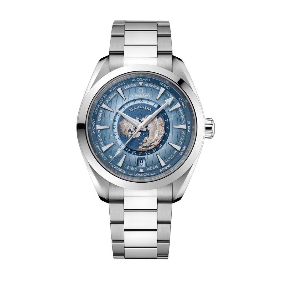 Omega Seamaster 75th Anniversary Aqua Terra 150M Co‑Axial Master Chronometer GMT Worldtimer in a 43mm stainless steel case with "summer" blue dial on stainless steel bracelet, featuring a world time function, date display and automatic movement.