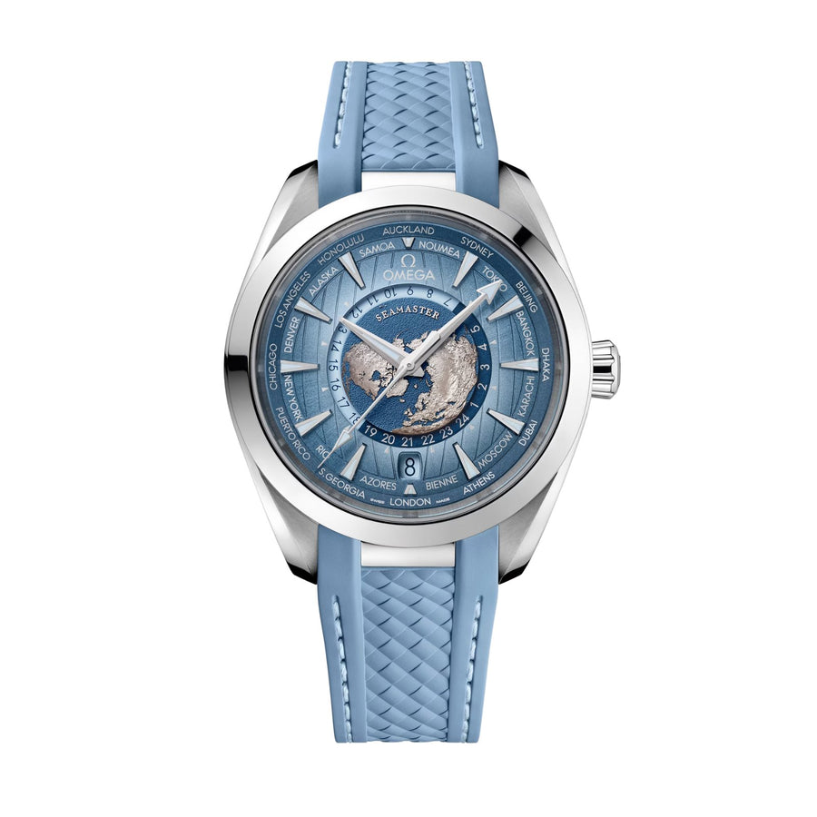 Omega Seamaster 75th Anniversary Aqua Terra 150M Co‑Axial Master Chronometer GMT Worldtimer in a 43mm stainless steel case with "summer" blue dial on rubber strap, featuring a world time function, date display and automatic movement.