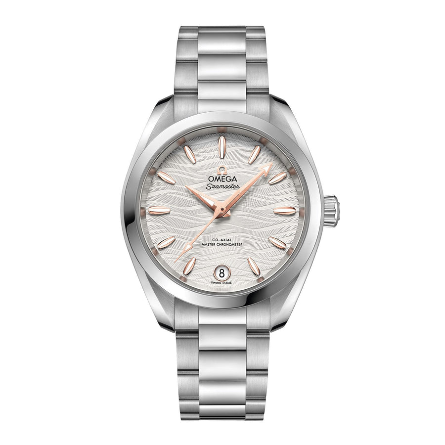 Omega Seamaster Aqua Terra 150m Omega Co-Axial Master Chronometer in a 34mm stainless steel case with silvery opaline dial on stainless steel bracelet, featuring a date display and automatic movement.