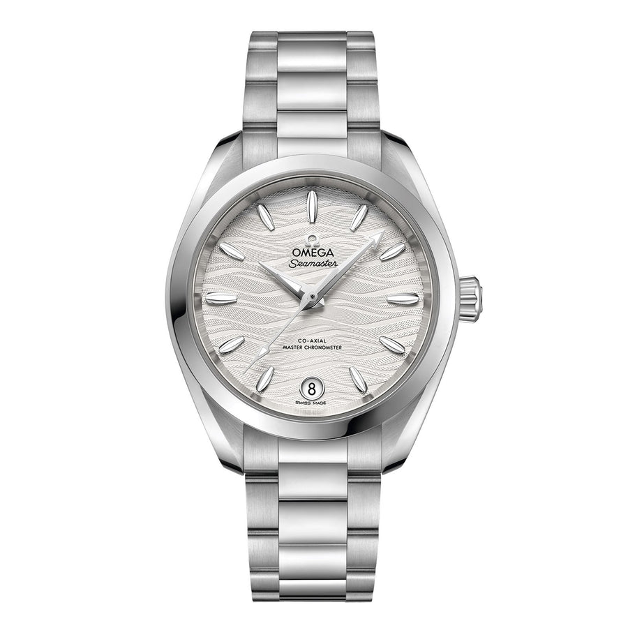 Omega Seamaster Aqua Terra 150m Omega Co-Axial Master Chronometer in a 34mm stainless steel case with silver pattern dial on stainless steel bracelet, featuring a date display and automatic movement.