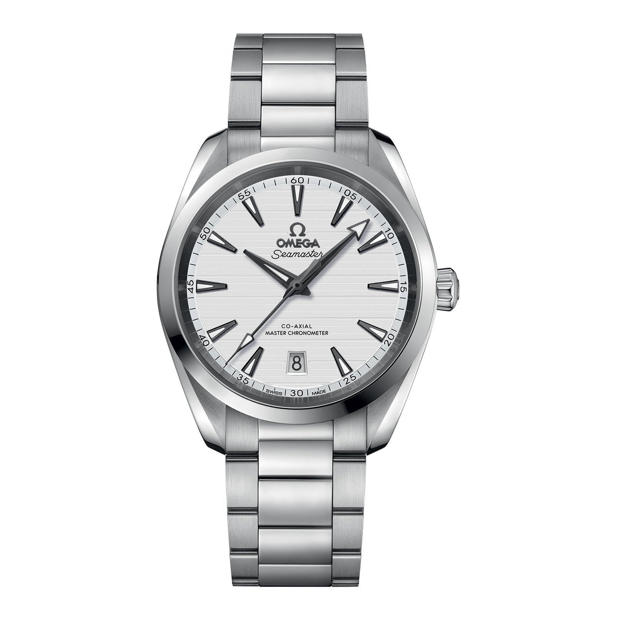 Omega Seamaster Aqua Terra 150m Omega Co-Axial Master Chronometer in a 38mm stainless steel case with silver dial on stainless steel bracelet, featuring a date display and automatic movement.
