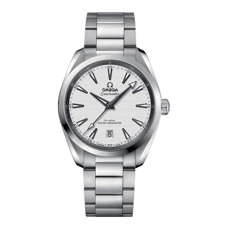 Omega Seamaster Aqua Terra 150m Omega Co-Axial Master Chronometer in a 38mm stainless steel case with silver dial on stainless steel bracelet, featuring a date display and automatic movement.