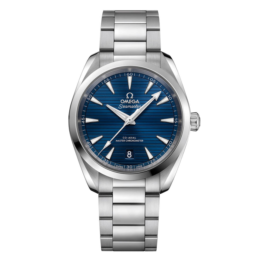 Omega Seamaster Aqua Terra 150m Omega Co-Axial Master Chronometer in a 38mm stainless steel case with blue dial on stainless steel bracelet, featuring a date display and automatic movement.
